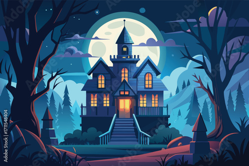 Haunted house at night with a bright full moon glowing in a dark forest