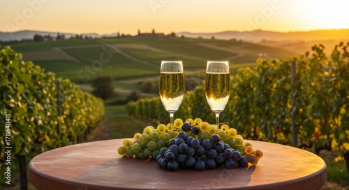 Elegant vineyard vista with champagne flutes and grapes at sunset hour