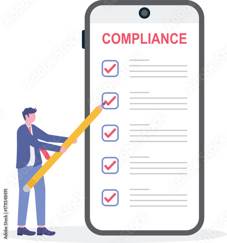 Business compliance, regulatory requirements, legal standards concept with character.

