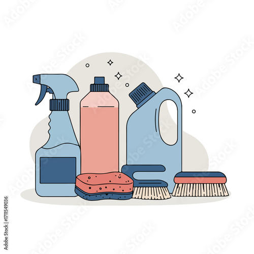 Cartoon-styled cleaning supplies like brushes, sponges, and cleaning bottles are depicted