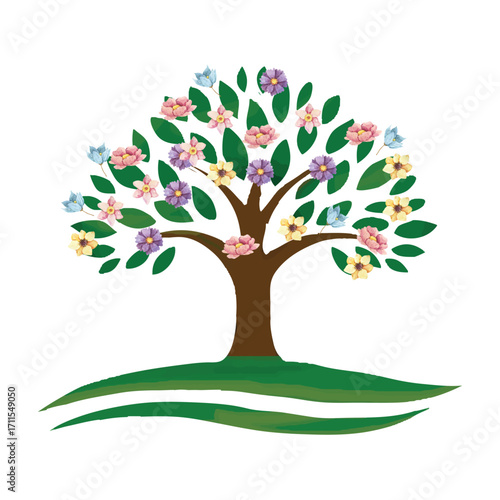 Trees vector, multicolor trees vector illustration, trees with flowers vector, 