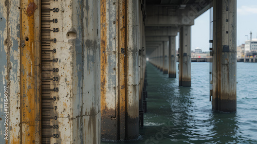 Vertical water level scale on concrete pillars by the harbor. Stained structure shows tide marks and decay. Close-up of industrial hydraulic infrastructure.
