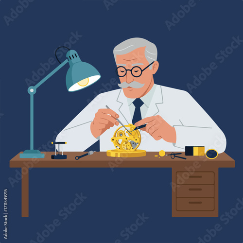 Man repairs intricate golden watch mechanism under lamp on desk; dark blue background