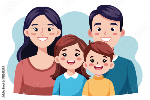 Family portrait showing smiles and joy in a cheerful, colorful cartoon style