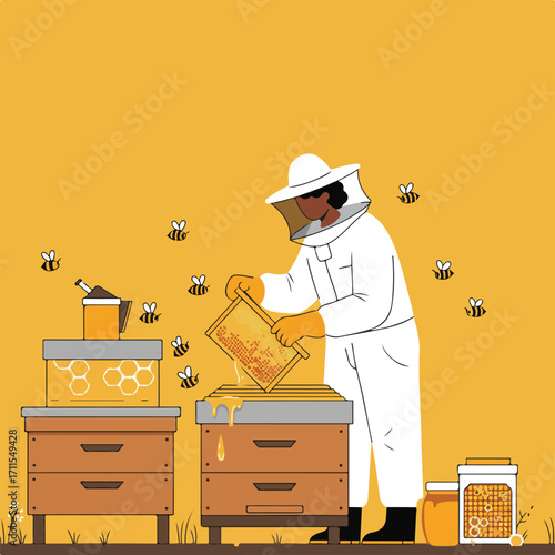 Beekeeper extracts honey from a frame, bees buzz around the hives on an ochre background