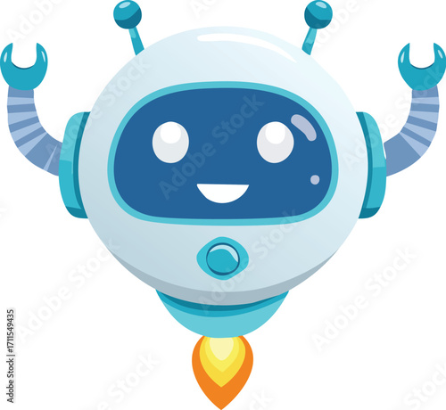 Smiling cartoon robot with blue accents, antennae, and a rocket booster emitting flames.