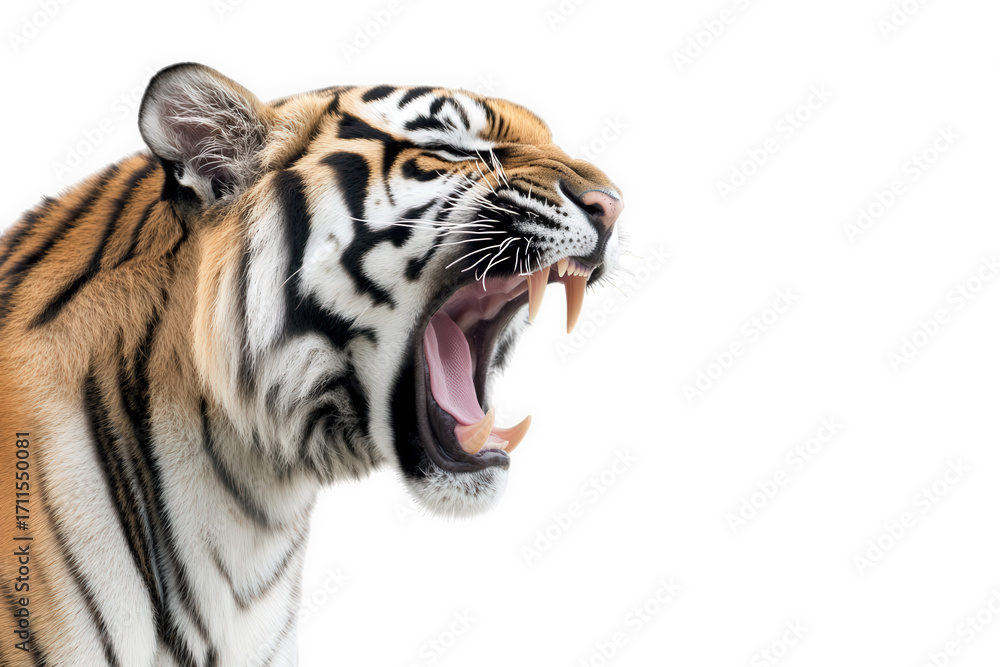 Naklejka premium Closeup of a roaring tiger isolated on transparent background the majestic predator displays its powerful jaws and sharp teeth, showcasing its raw strength and intensity