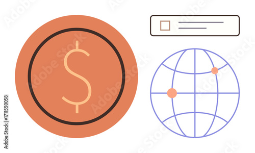 Large dollar coin, globe with markers, and search bar reflecting online transactions, global economy, digital services, e-commerce, fintech, financial security trade. Minimal simple flat metaphor
