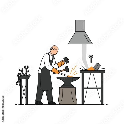 Blacksmith at work, forging hot metal with hammers, anvil, furnace and tools cartoon