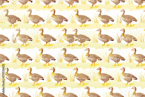 Seamless pattern of geese standing in tall grass with yellow background