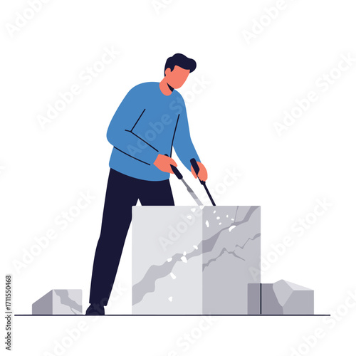Flat vector illustration of person carving a gray block with dark chisels indoors