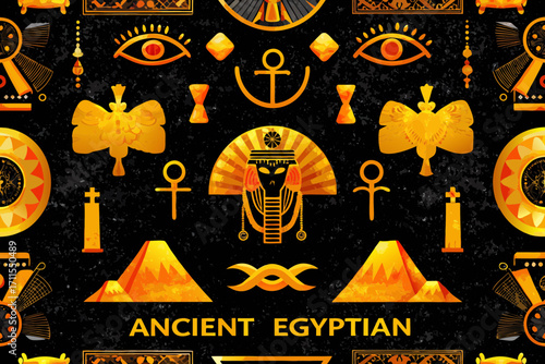 Seamless pattern of ancient egyptian symbols in gold and orange on black