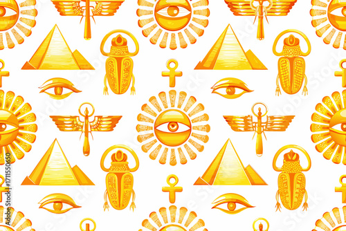 Golden egyptian symbols seamless pattern with pyramids scarabs and eyes