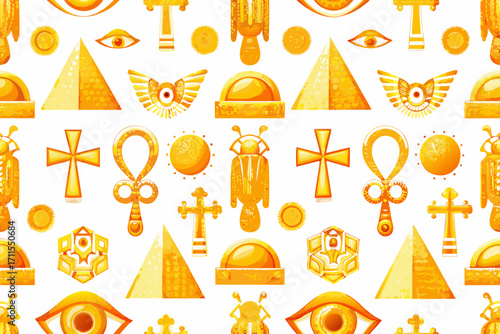 Seamless pattern of golden egyptian symbols and hieroglyphs