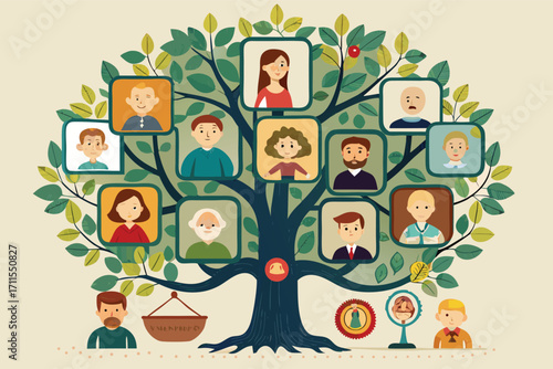 Family tree illustration showcasing multiple generations and diverse characters in a colorful design