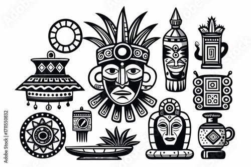 Traditional black and white tribal art with ancient symbols, masks, and pottery designs