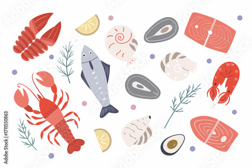 Assortment of fresh seafood and ocean delicacies with dill and lemon slices