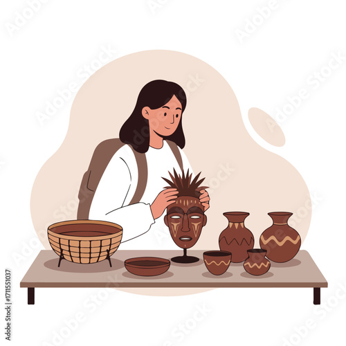 Woman examining a wooden mask amidst various earthen vessels displayed on a simple table