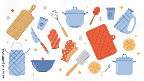Collection of cute kitchen utensils and cooking accessories in a flat design style