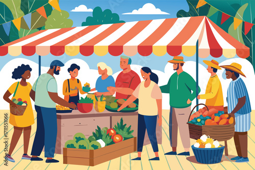 Community members gather at a vibrant outdoor market to enjoy fresh produce and local goods in a sunny setting