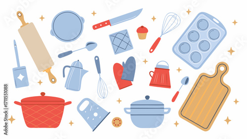 Collection of cute kitchen utensils and baking tools with sparkling stars