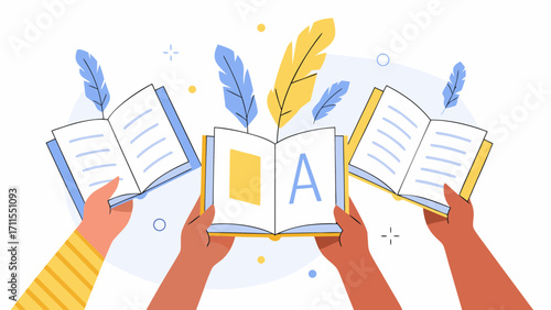 Hands holding open books with feathers and abstract shapes