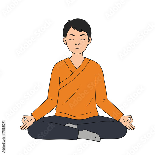 Person in meditative posture, cross-legged, wearing orange robe, eyes closed, hands in mudra