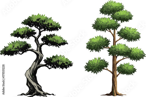 Stylized vector trees with twisted and straight trunks, green foliage clusters, artistic nature illustration for botanical, landscape, and design themes