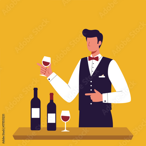 Stylized illustration of a wine sommelier presenting a glass of red wine on a mustard background