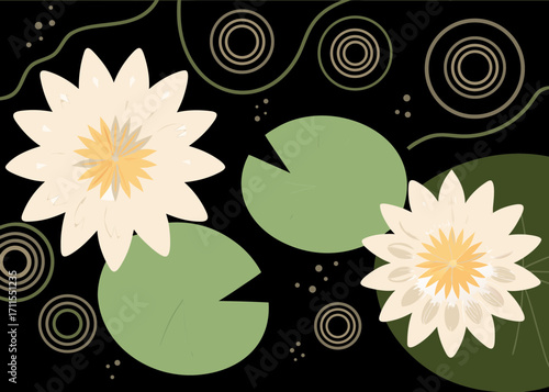 Stylized white water lilies and lily pads on a dark background with abstract elements