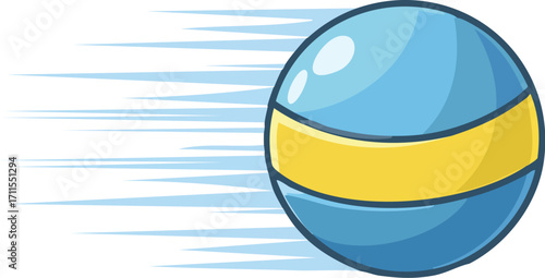 A blue ball with a yellow stripe is moving rapidly, indicated by motion lines.