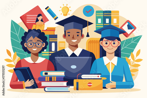 Students celebrate graduation with books and laptops in a lively learning environment