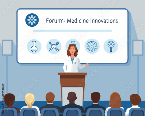 Doctor presenting medical innovations at a conference forum with audience