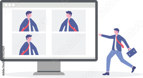Adobe Illustrator Businessman and his colleague join virtual conference meeting through laptop,

