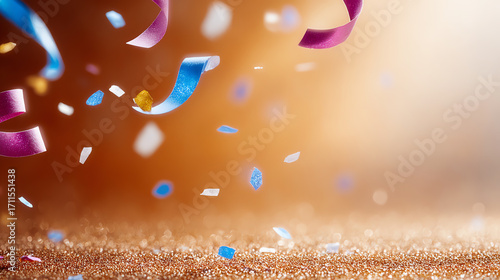 Colorful confetti falling against a soft golden backdrop, perfect for celebrating special moments and joyful occasions.