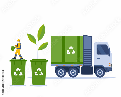 Worker with recycling bin and truck next to a plant