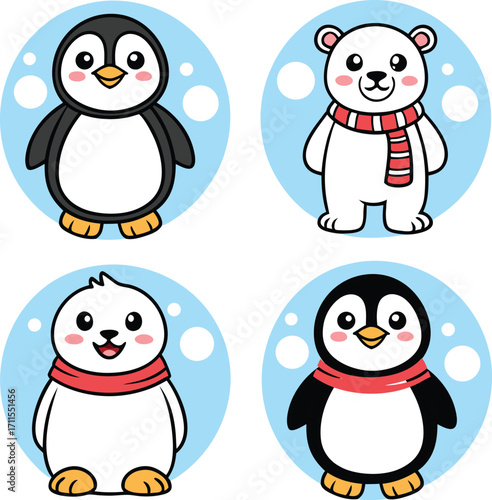 Adorable vector cartoon illustration of a happy penguin family enjoying the cold winter snow and ice, perfect for a fun Christmas holiday card design