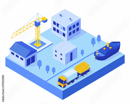 Isometric illustration of a city with buildings crane truck and ship