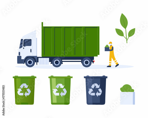 Waste collection truck and recycling bins with worker collecting trash