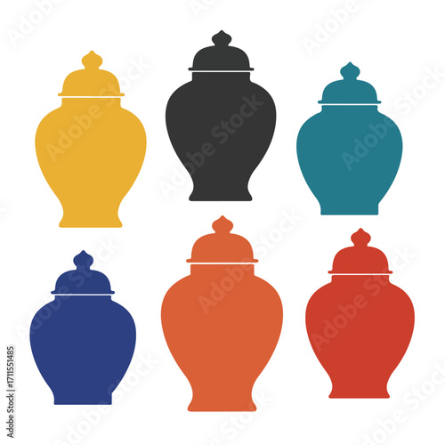 Six colorful urns arranged in two rows, rendered as simple flat icons on a white background