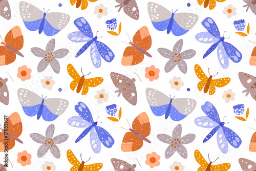 Whimsical butterfly and flower pattern with a hand drawn feel