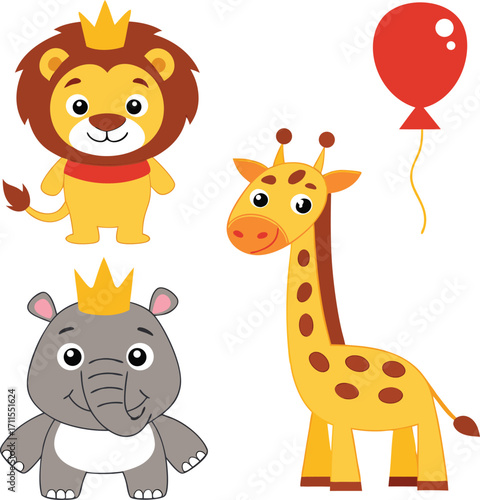 A cute set of funny cartoon animals like a baby giraffe, lion, zebra, and elephant perfect for a zoo illustration or jungle safari vector