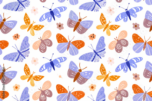 Seamless pattern of colorful abstract butterflies and flowers on white background