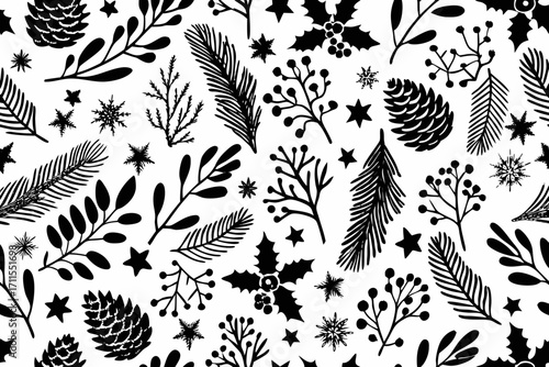 Black and white christmas pattern with pine cones holly berries and stars