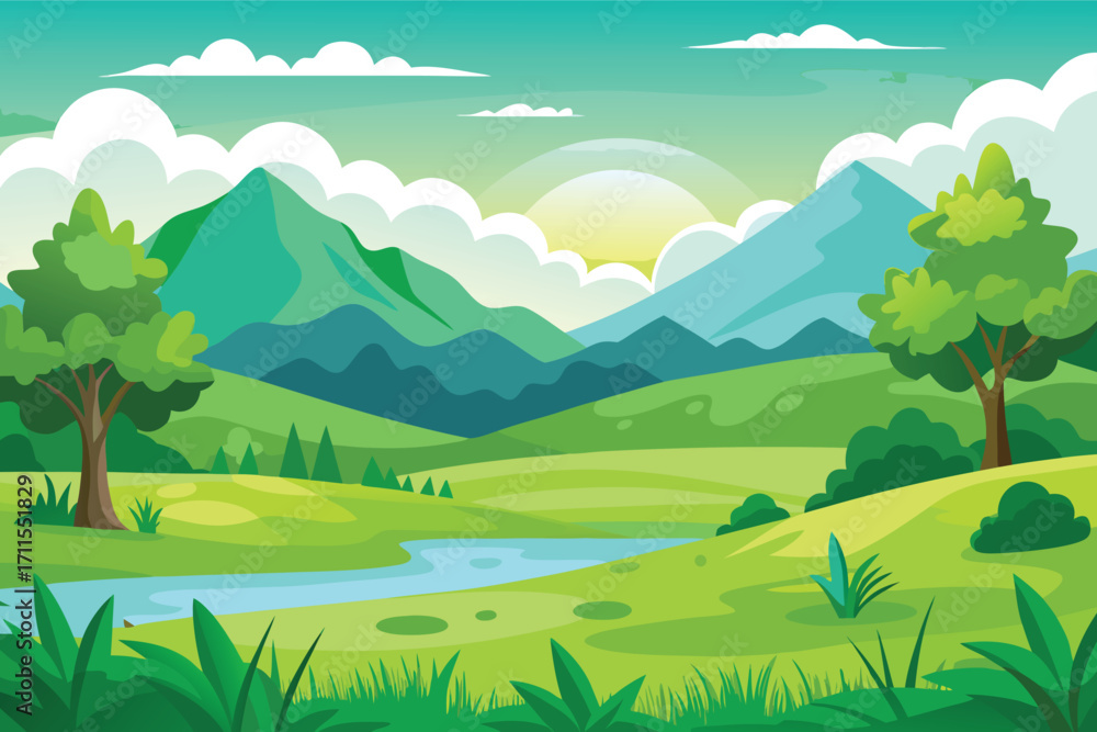 Fototapeta premium Scenic green landscape with mountains, trees, and a calm river at sunrise in a digital art style