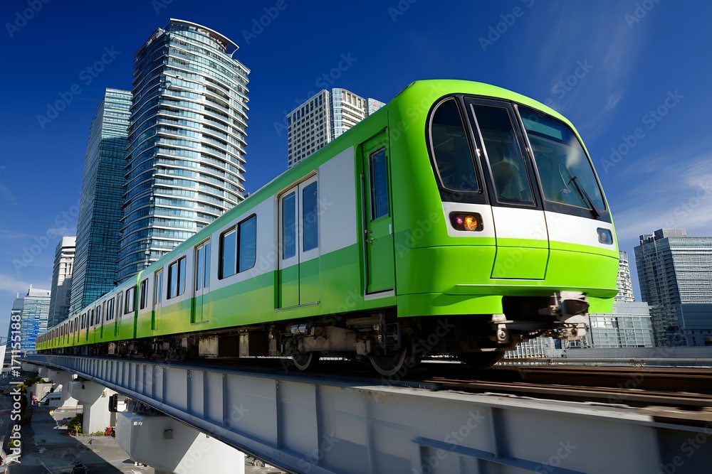 Naklejka premium Green subway train passing through urban skyscrapers against blue sky