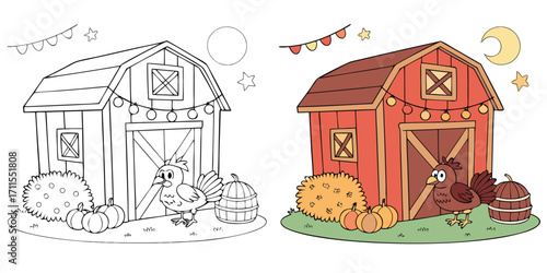 An illustrated vector design concept of a farm house with a barn, featuring farm animals and a horse in the rural landscape