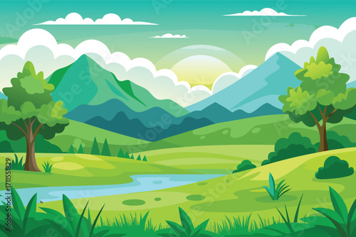 Scenic green landscape with mountains, trees, and a calm river at sunrise in a digital art style