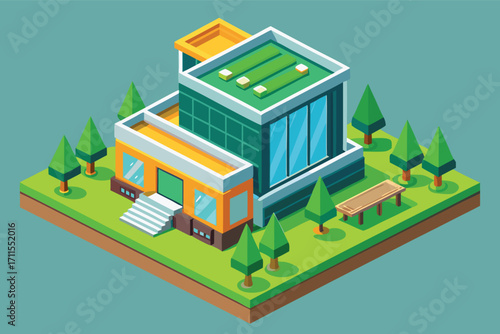 Modern building surrounded by trees in a green landscape showcasing a sleek design and outdoor seating area