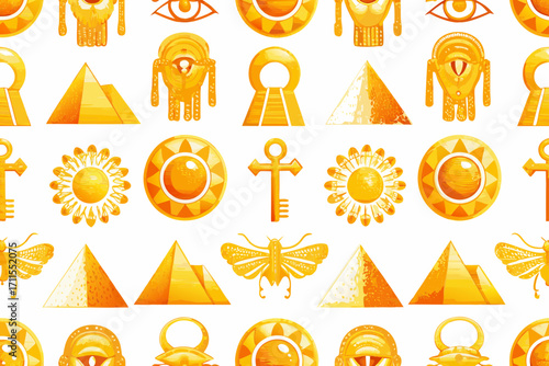 Golden egyptian symbols pattern with pyramids ankh and eye of horus